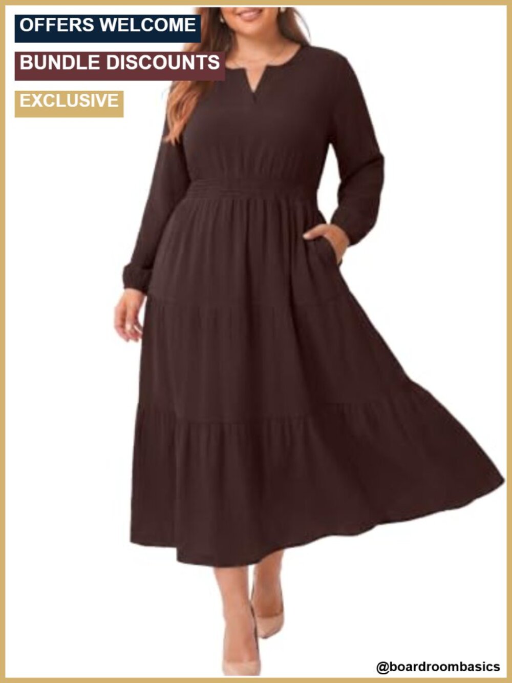 Plus Size Maxi Dress Long Sleeve Tiered Smocked Waist Pockets